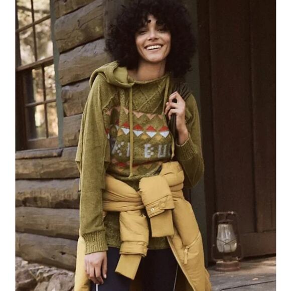 Free People Powder Bunny Sweater Ski Bum Fair Isle Chunky Knit Hooded Oversized - Picture 4 of 14